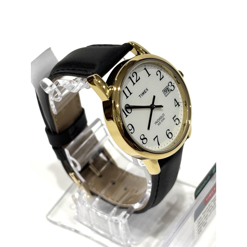 Timex Easy Reader Men's Gold Tone Watch White Dial Black Leather Band Date - Picture 4 of 10